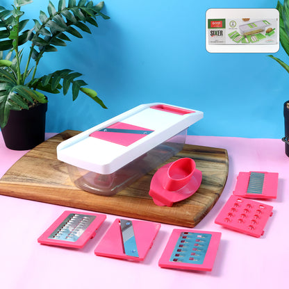 Wukusy 6-in-1 vegetable slicer, grater, and chopper set with multiple blades for versatile kitchen prep.