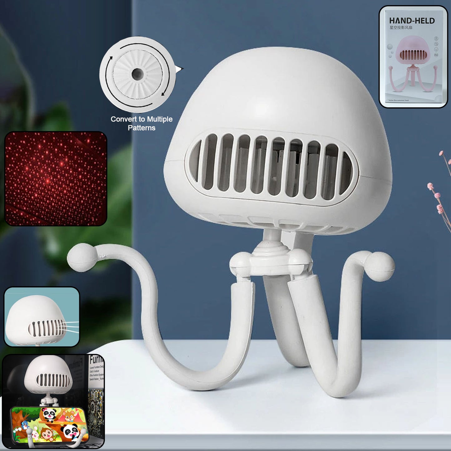 Wukusy rechargeable handheld mini projector fan with adjustable blades and compact design, ideal for personal cooling and portability.