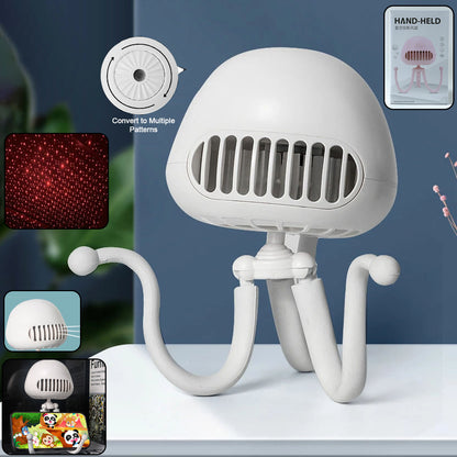 Wukusy rechargeable handheld mini projector fan with adjustable blades and compact design, ideal for personal cooling and portability.