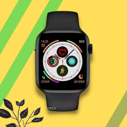 Black Bluetooth T500 smartwatch with calling, ECG, heart rate, and activity tracking for men and women.