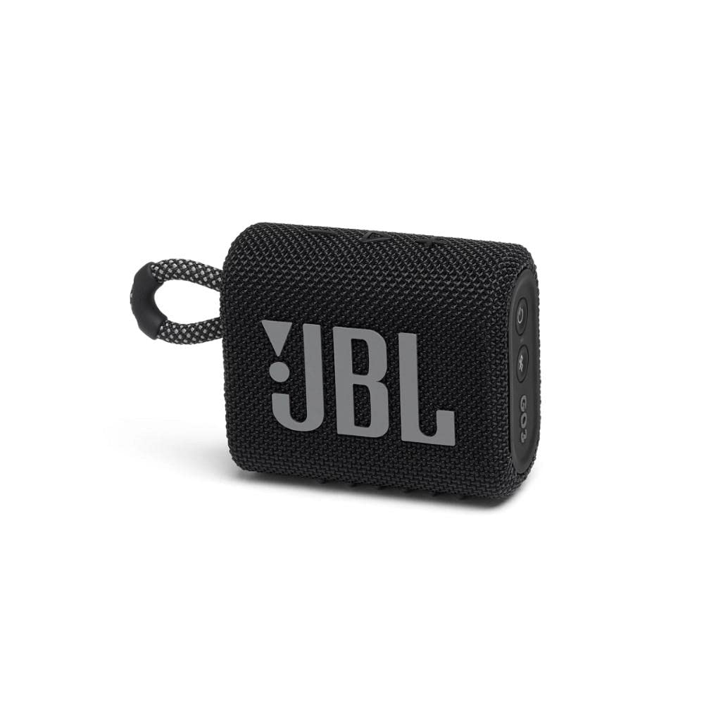 Seasons JBL GO 3 black Bluetooth speaker with IP67 waterproof rating and 4.2 W mono audio output, compact and portable design.