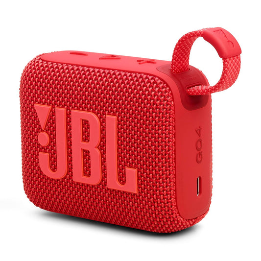 Red JBL Go 4 Bluetooth speaker with 4.2W mono channel, compact portable design, and Seasans branding visible in the image.