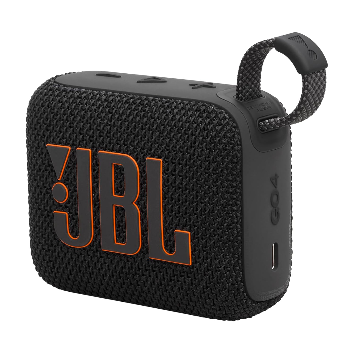 Black JBL Go 4 Bluetooth speaker with 4.2W mono channel, compact portable design, by Seasons.