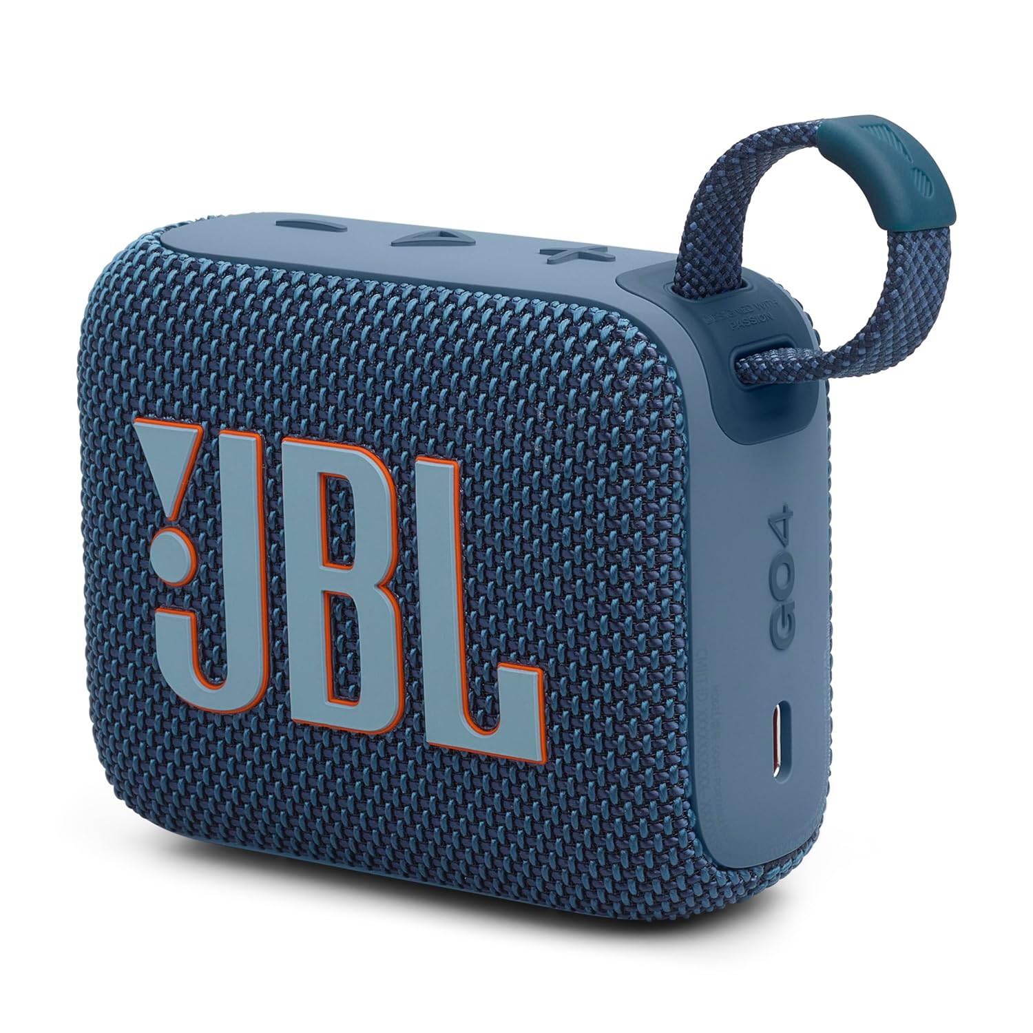 Blue JBL Go 4 Bluetooth speaker with 4.2W mono channel, compact design, and brand logo visible.