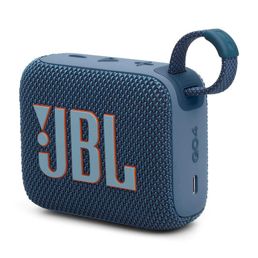 Blue JBL Go 4 Bluetooth speaker with 4.2W mono channel, compact design, and brand logo visible.