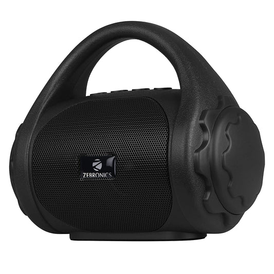 Seasons Zebronics PSPK9 Bluetooth speaker in black with built-in FM radio, aux input, and 3W mono channel output.