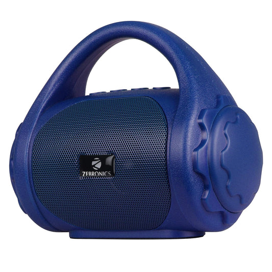 Blue Zebronics PSPK9 Bluetooth speaker with built-in FM radio, Aux input, 4W output, mono channel, by Seasons.