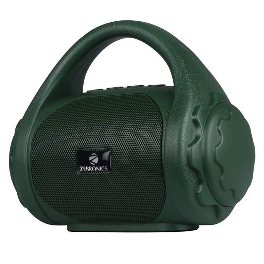 Seasons Zebronics PSPK9 Bluetooth speaker with built-in FM radio, aux input, 5W output, green color, mono channel.