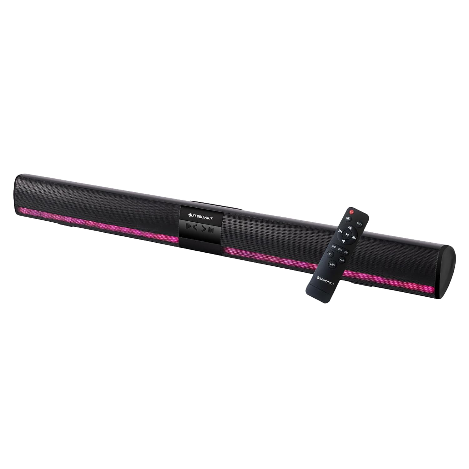 Seasons Zebronics Ace Plus portable Bluetooth speaker in black with USB, microSD, AUX, RGB lighting, and TWS stereo channels.