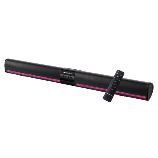 Seasons Zebronics Ace Plus portable Bluetooth speaker in black with USB, microSD, AUX, RGB lighting, and TWS stereo channels.