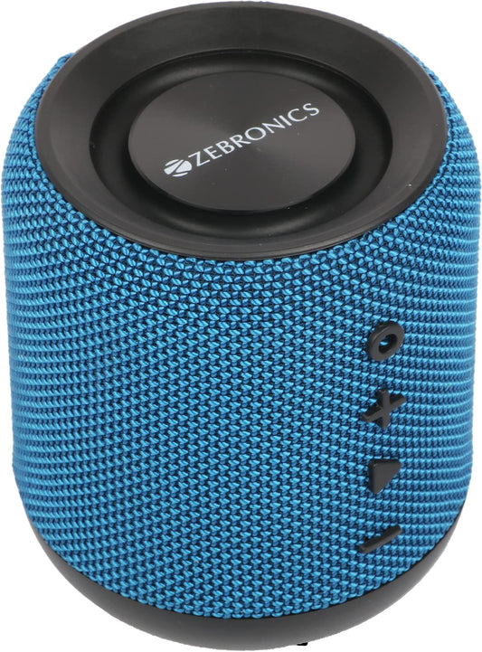 Blue Zebronics Zeb-Music Bomb 10W Bluetooth speaker with stereo channels, compact design, and brand logo visible.