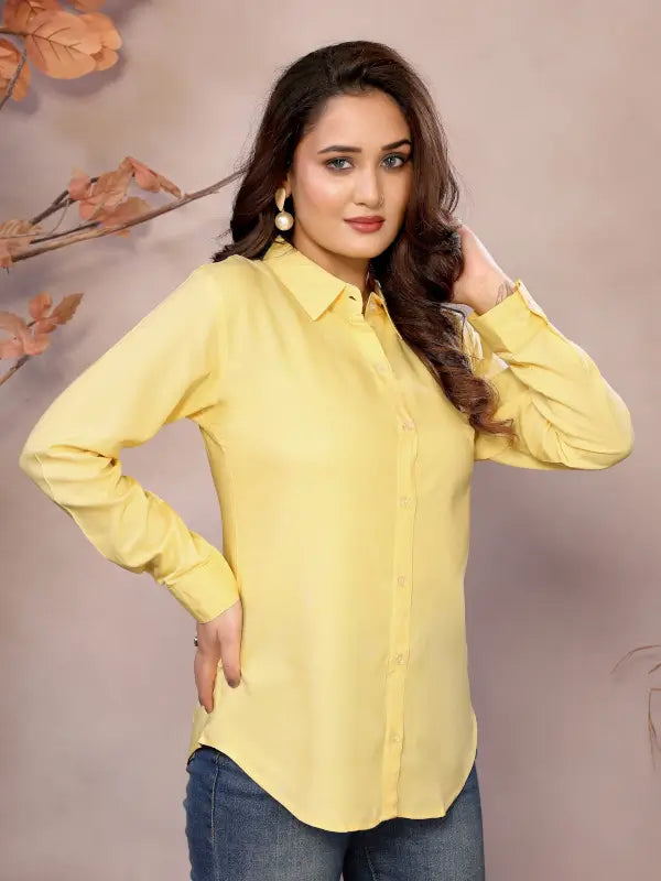 Women's golden pure viscose shirt with a collared neckline, half sleeves, and hip length from Ekom.
