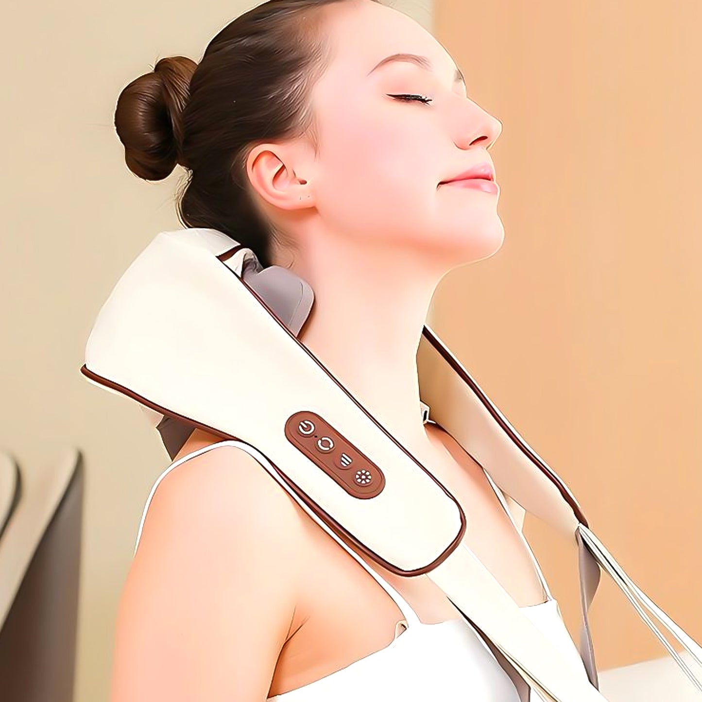 Wukusy adjustable neck and shoulder massager belt showing black belt with control panel and padded massage area.