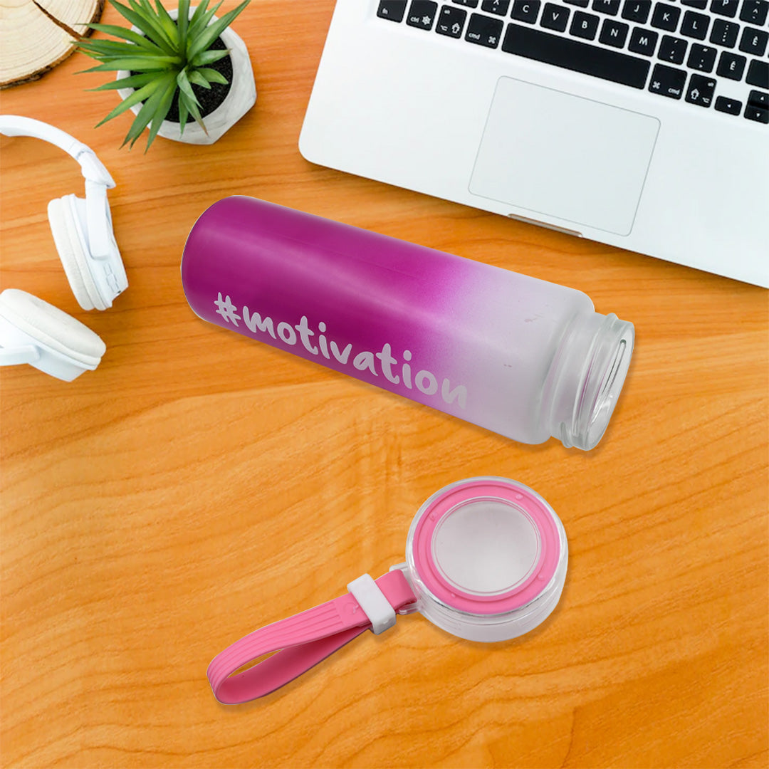Colorful Wukusy 350ml motivational glass water bottle with rubber band, designed for daily hydration during workouts or cycling.