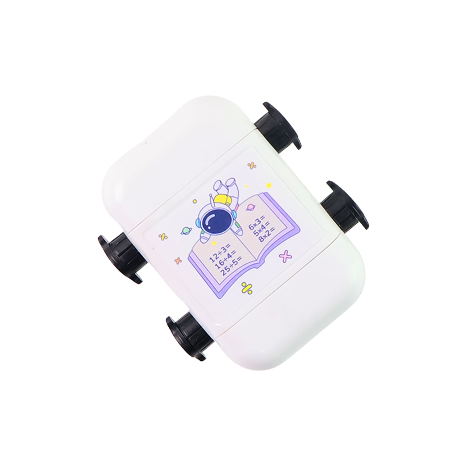 Kids educational Wukusy automatic math problem rolling stamp showing colorful numbers and simple math problems on a white background.