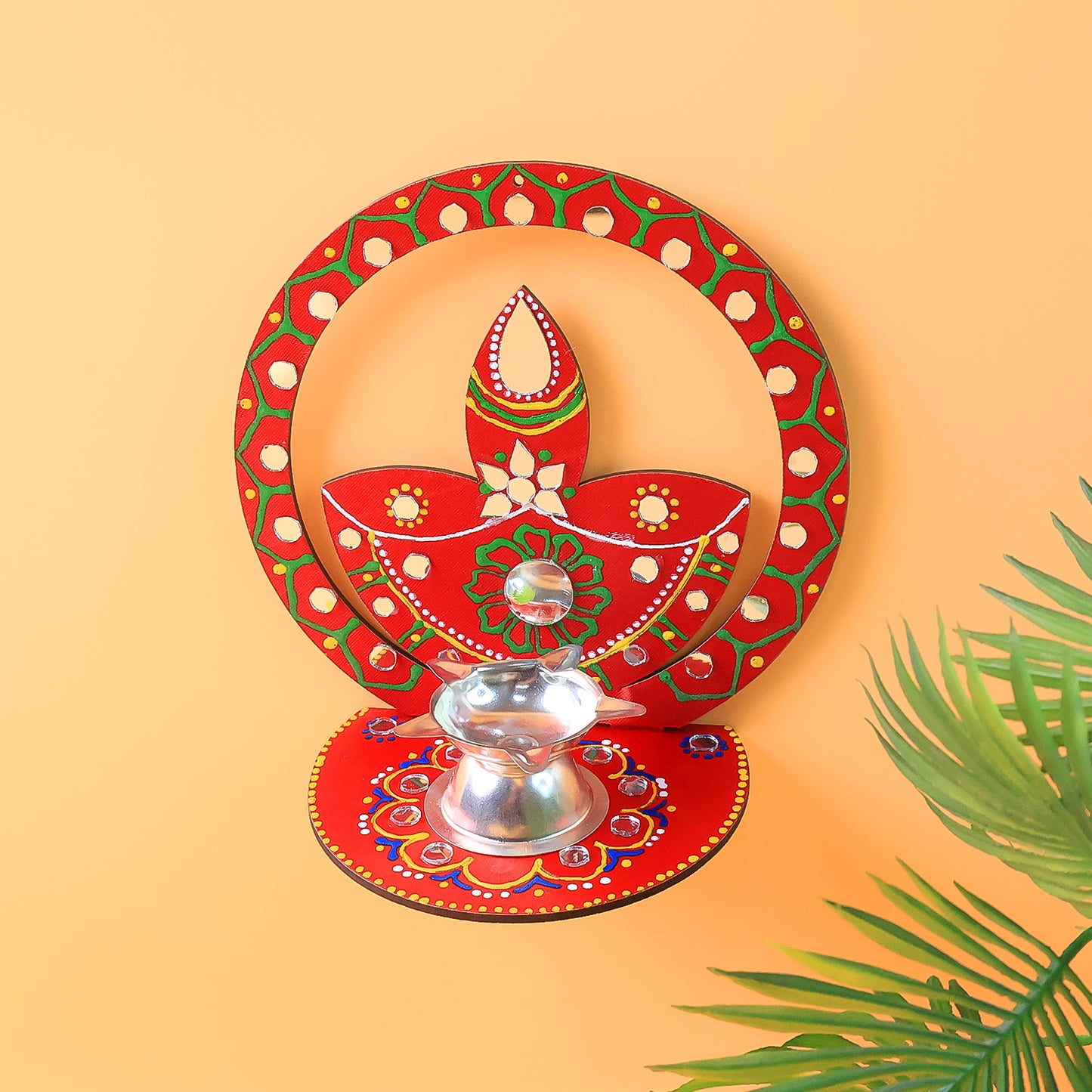 Handcrafted wooden diya stand for home decor, featuring intricate design and natural wood finish, perfect for traditional lighting displays.