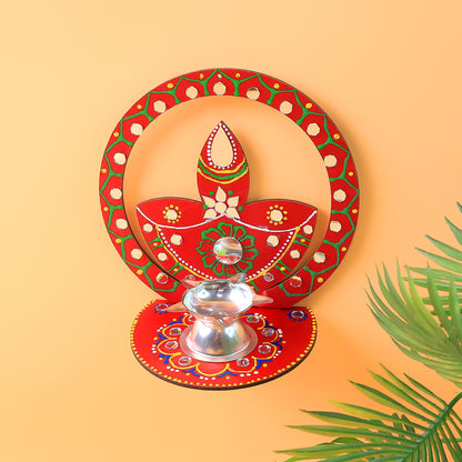 Handcrafted wooden diya stand for home decor, featuring intricate design and natural wood finish, perfect for traditional lighting displays.