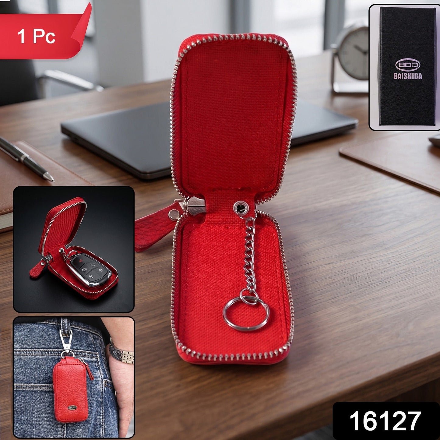 Wukusy leather car key case with zip closure and snap hook, compact smart key holder pouch on a neutral background.