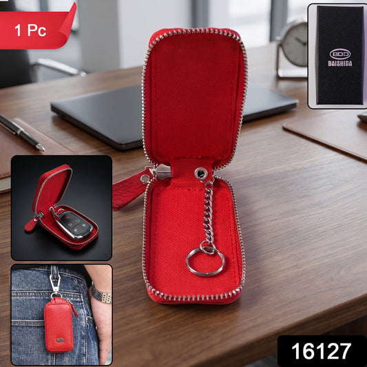Wukusy leather car key case with zip closure and snap hook, compact smart key holder pouch on a neutral background.