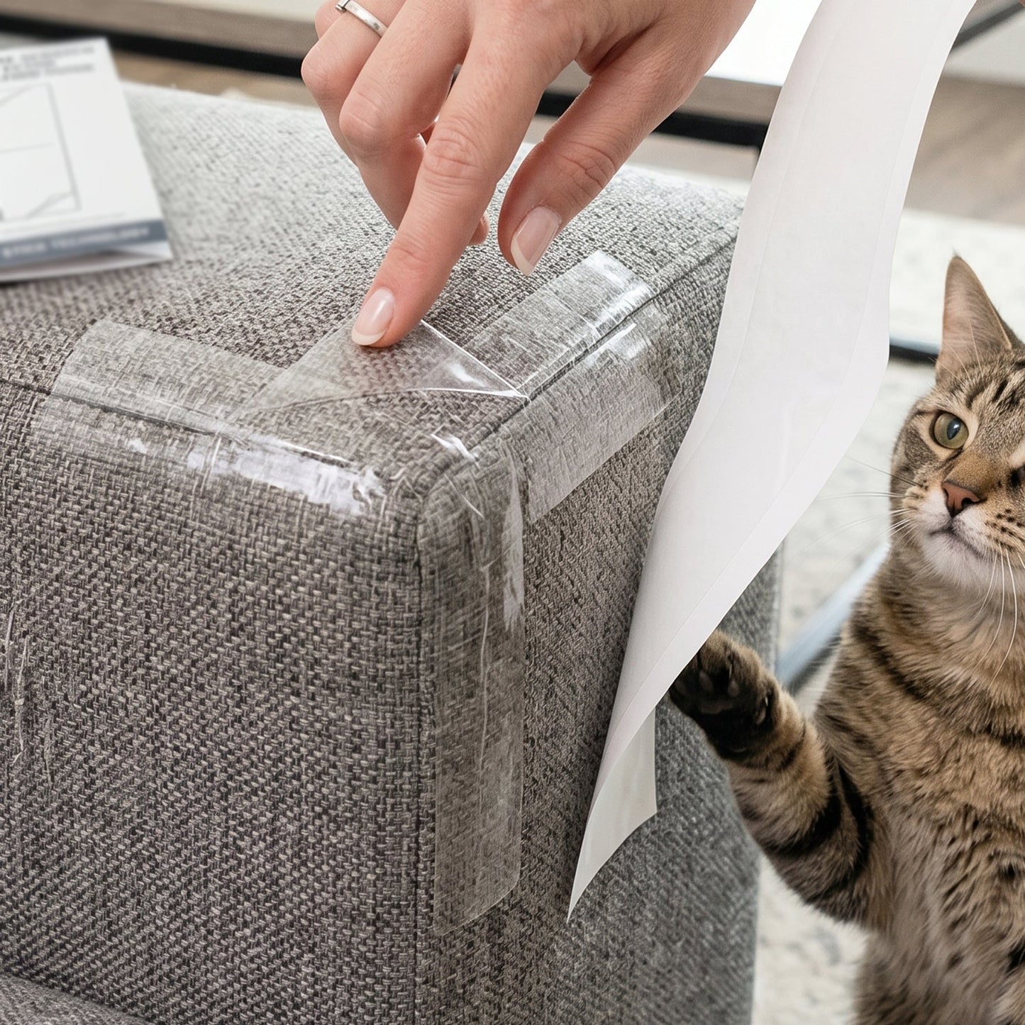 Set of 5 clear Wukusy cat scratch furniture protectors with anti-scratch tape for preventing feline damage on furniture.