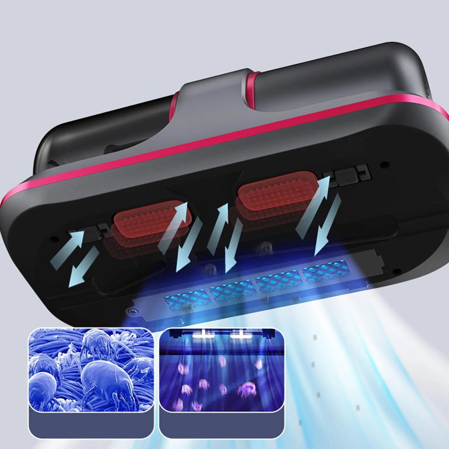Wukusy portable handheld vacuum cleaner with powerful suction, cordless design, and low noise for cleaning beds, sofas, and car seats.