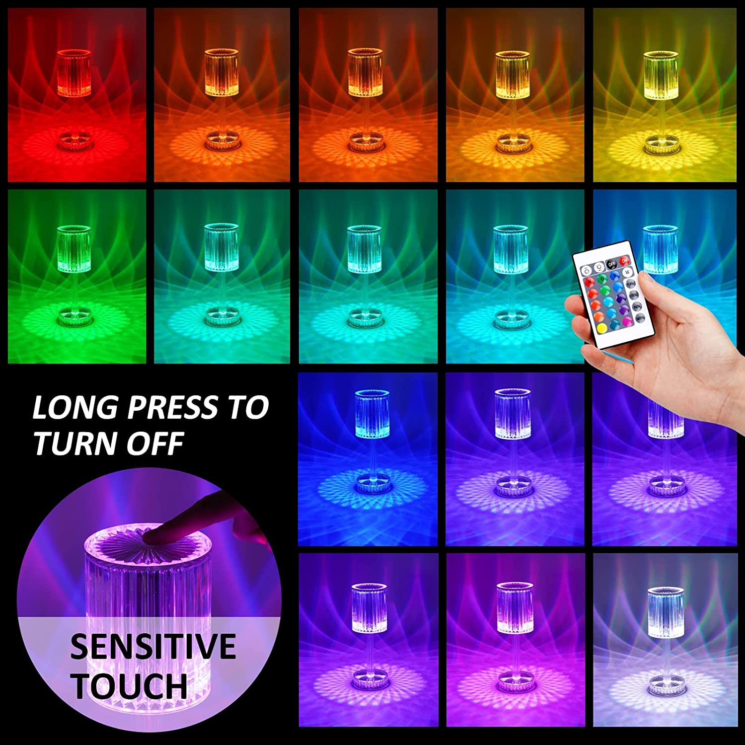 Wukusy 6605 crystal touch control table lamp with USB charging port, ideal for nightstands and home decor.