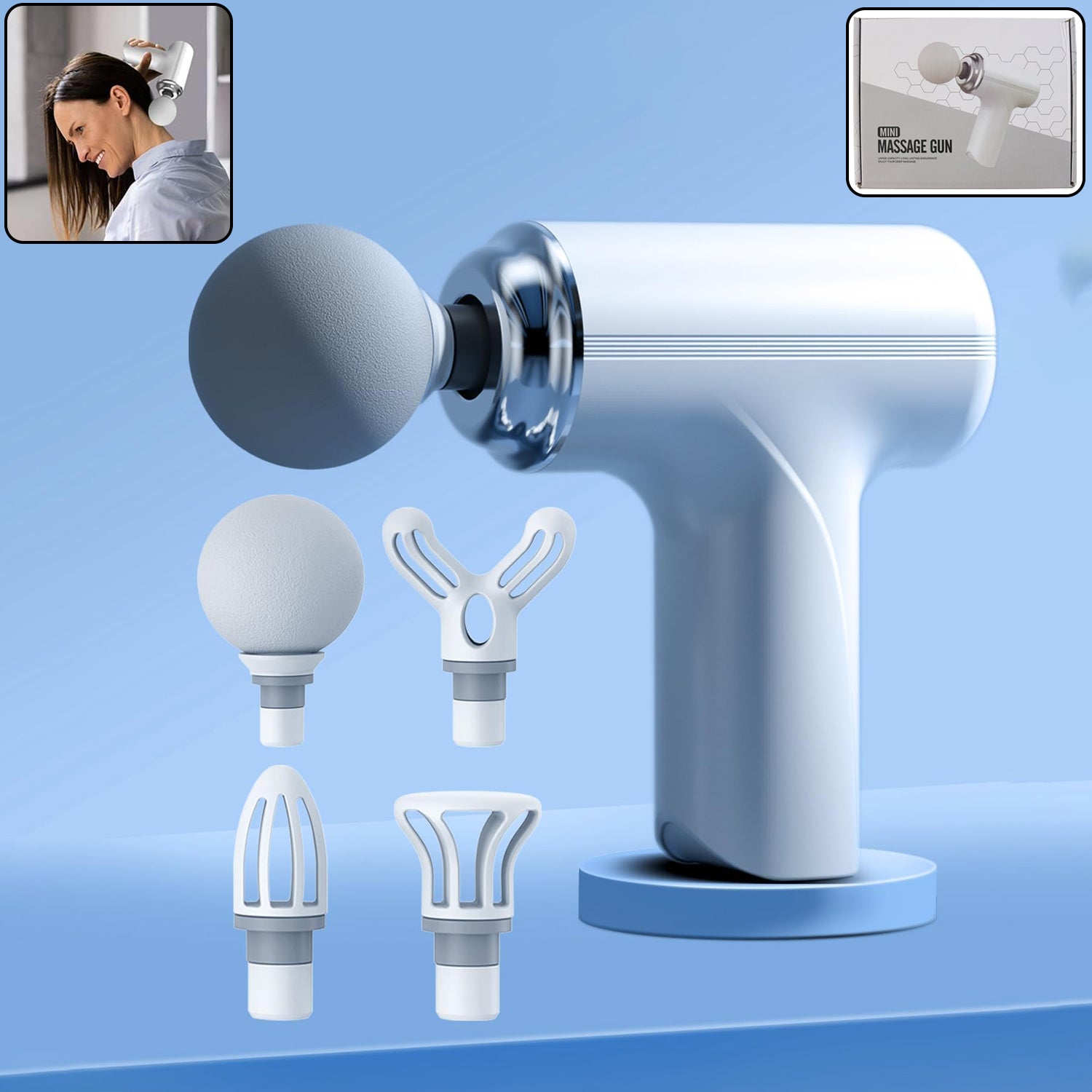 Wukusy electric vibrating massage gun with multiple interchangeable heads for muscle relief and relaxation.