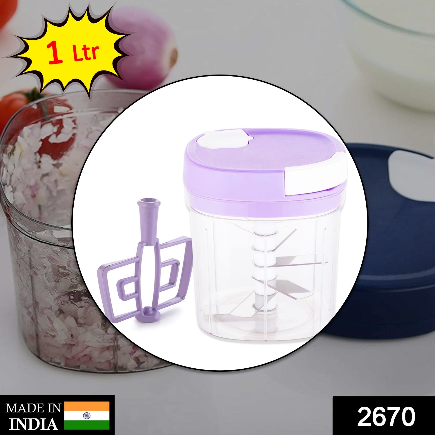 Wukusy 2-in-1 handy chopper and slicer for fruits, vegetables, and cheese, used for efficient kitchen chopping and slicing.