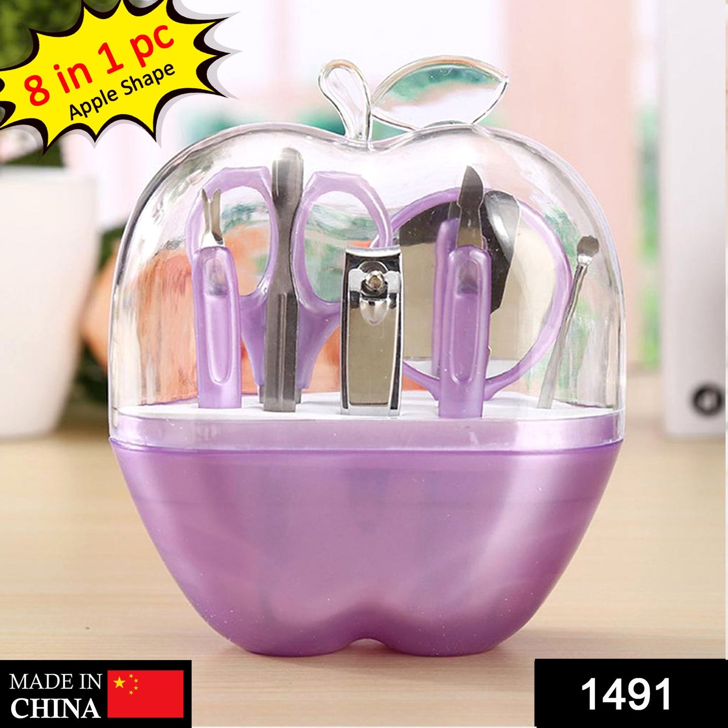 Wukusy 1491 8-in-1 apple-shaped manicure set with nail clippers, scissors, and tools for personal grooming, in a compact case.