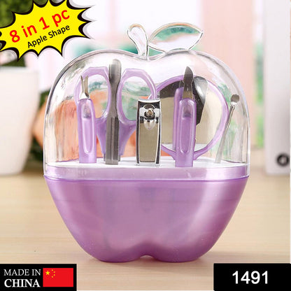 Wukusy 1491 8-in-1 apple-shaped manicure set with nail clippers, scissors, and tools for personal grooming, in a compact case.