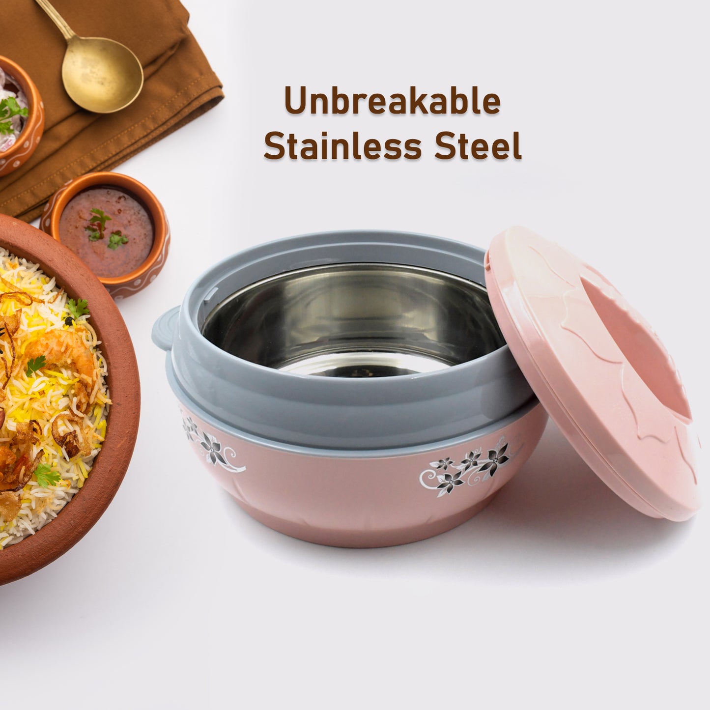 Wukusy 4500ml steel casserole box with floral print, insulated food serving hot pot, suitable for roti and chapati in kitchen.