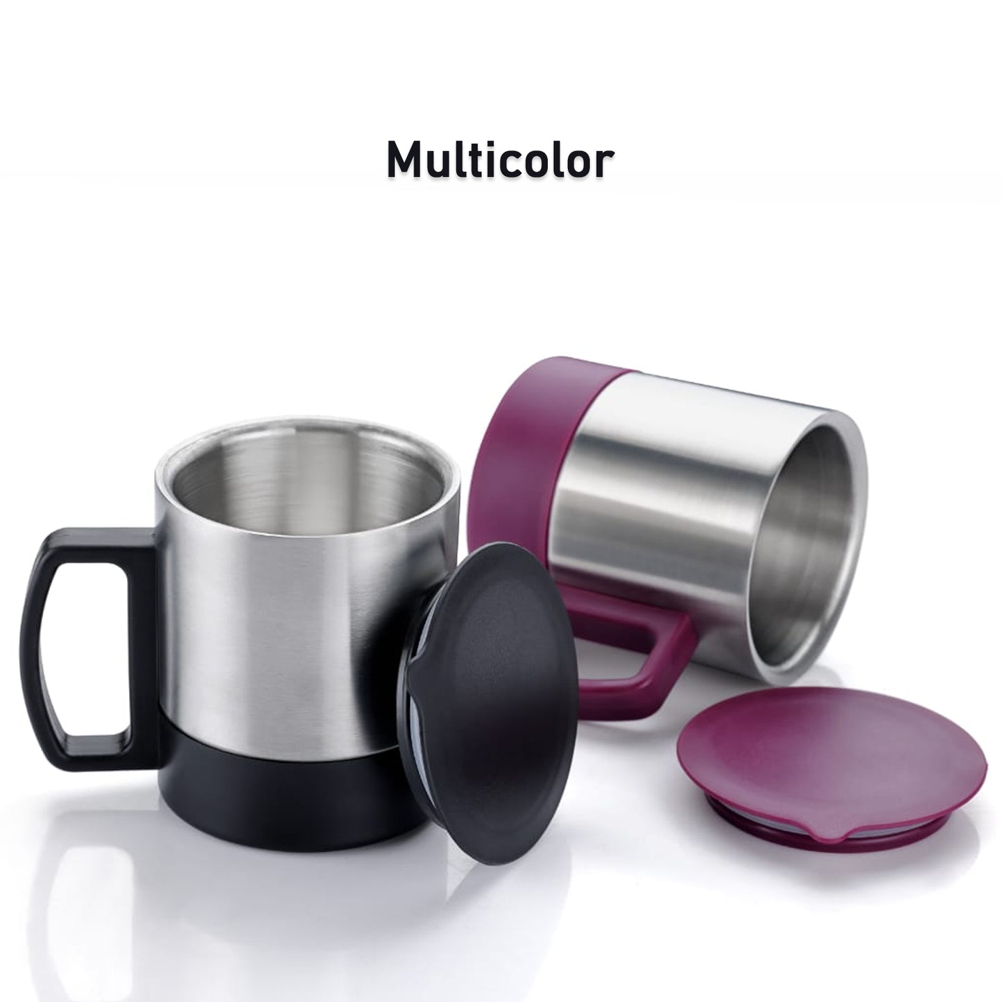Wukusy stainless steel coffee and tea mug with lid, handle, double wall insulation, ideal for hot beverages, portable and durable.