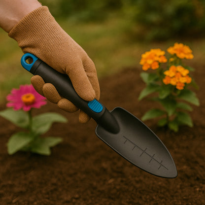 Wukusy plastic heavy-duty garden hand trowel with measurement marks, suitable for planting and soil work, shown in the image.