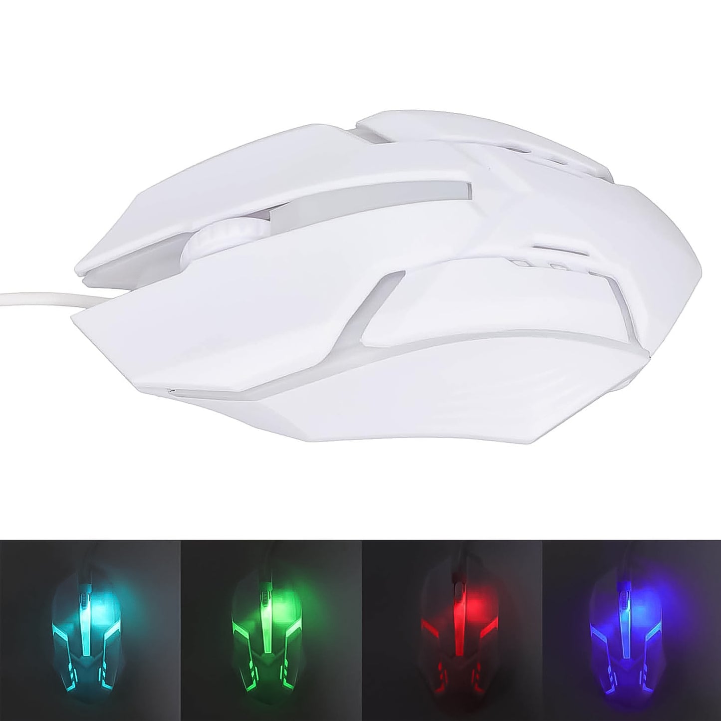 Wukusy USB wired gaming mouse with colorful luminous lighting, white color, ergonomic design, suitable for gaming and office use.