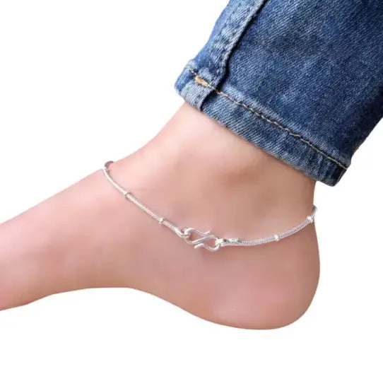 Silver-plated anklet and necklace chain combo by ekom, non-adjustable alloy jewelry set with free size payal, pack of 2.