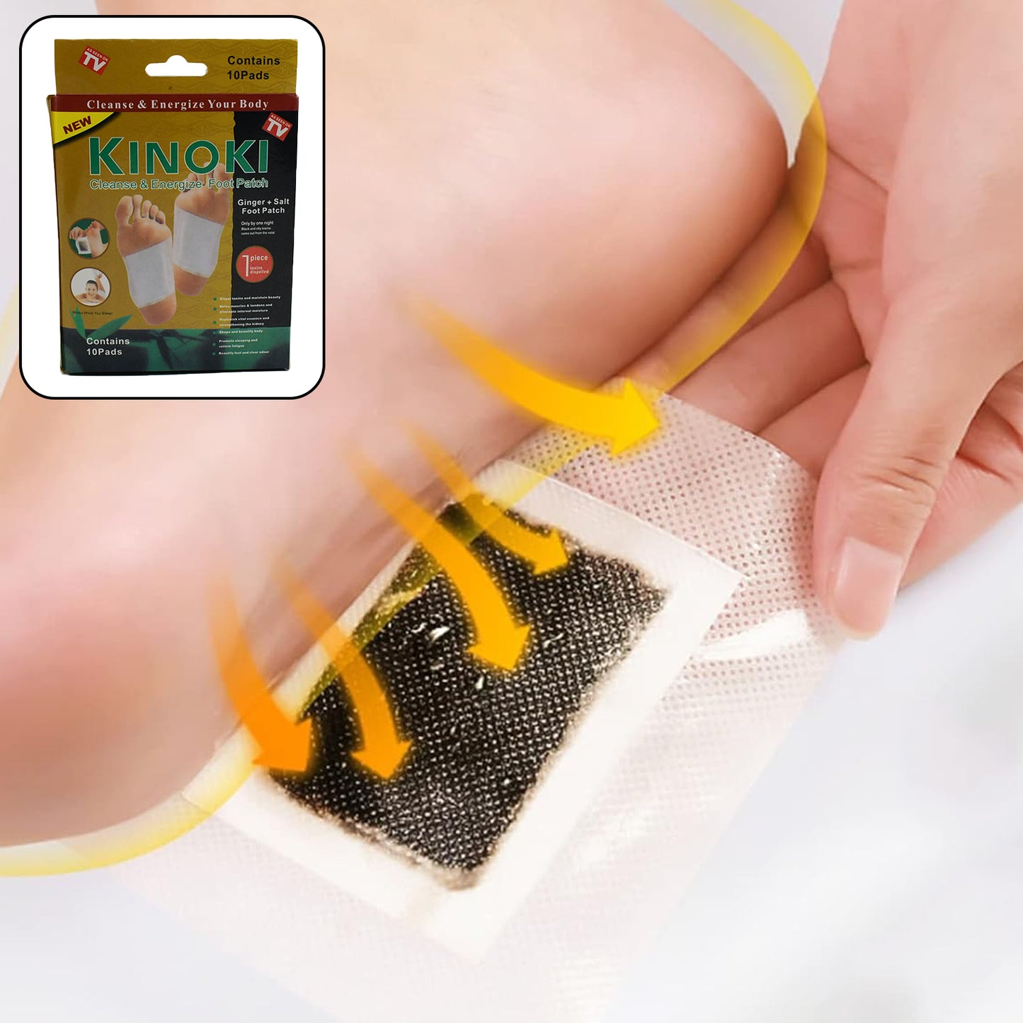 Wukusy Kinoki Cleansing Detox Foot Pads with ginger and salt, 10 white foot patches for detoxification and cleansing.