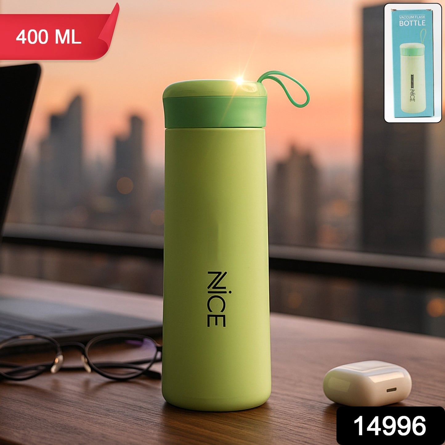 Wukusy leak-proof plastic vacuum flask, 400ml, showing a sleek, transparent design perfect for keeping beverages hot or cold.