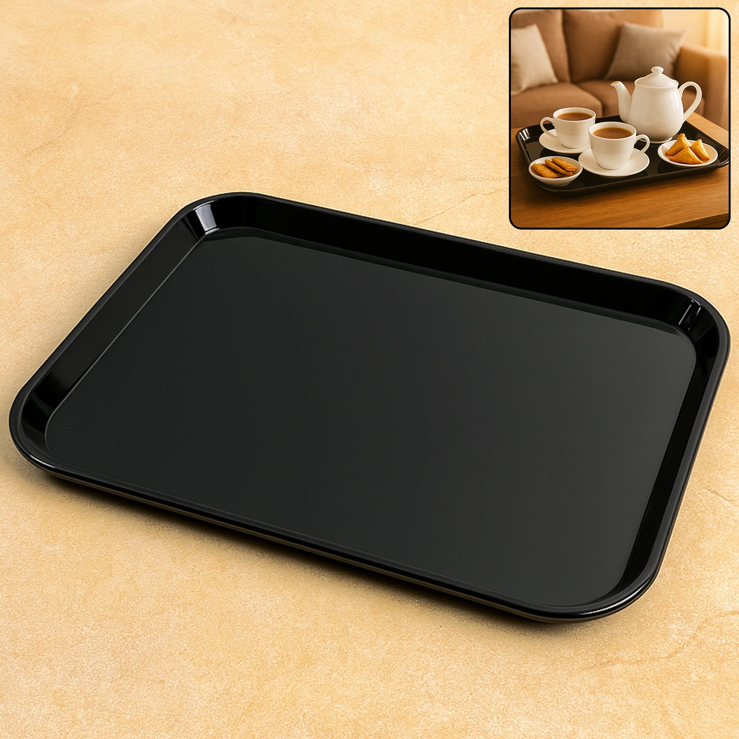 Black plastic serving tray plate by Wukusy, 40x30 cm, shown with food items on a table for serving or presentation.
