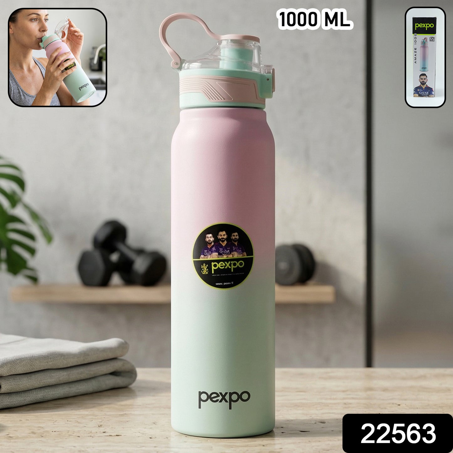 Wukusy Pexpo Amaze stainless steel water bottle, 1000ml, insulated hot and cold drink container with a sleek design