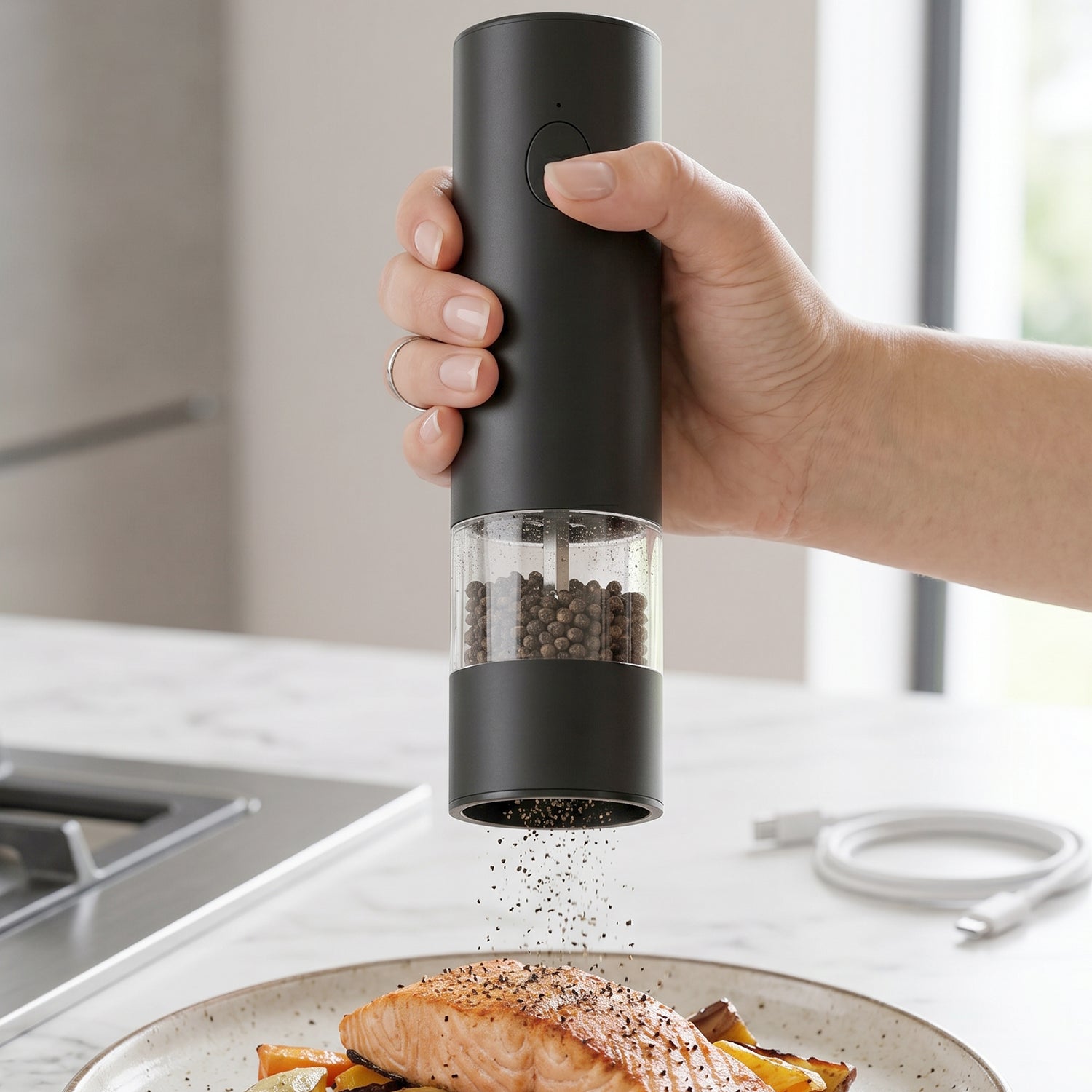 Wukusy electric pepper grinder with USB rechargeability and one-touch operation, showing sleek black design and adjustable grind settings.