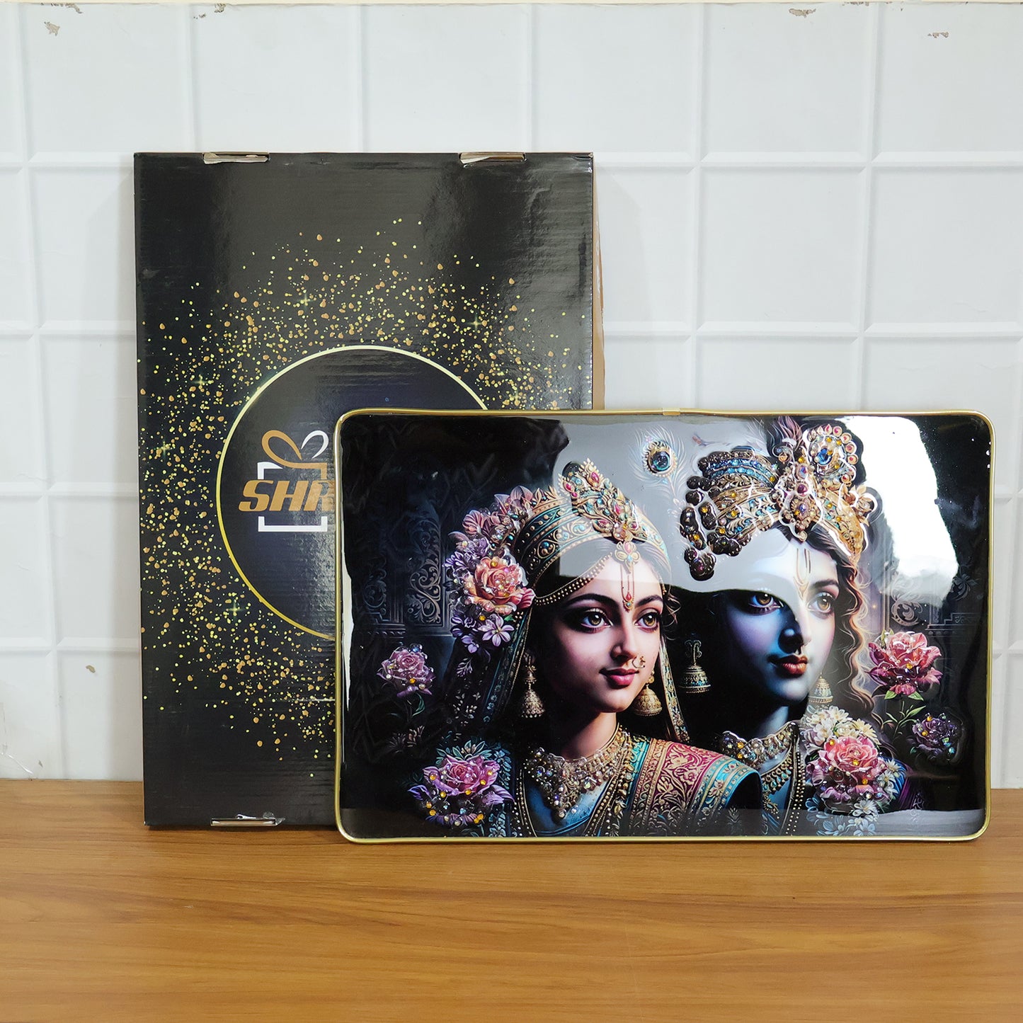 Decorative Radha Krishna wall painting frame, 45x30 cm, featuring intricate artwork, by Wukusy, perfect for home decor.