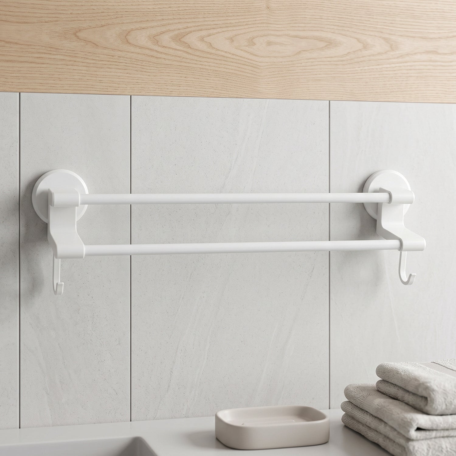 Wall-mounted double bar towel holder rack with side hooks by Wukusy, featuring sturdy metal construction and convenient towel storage.