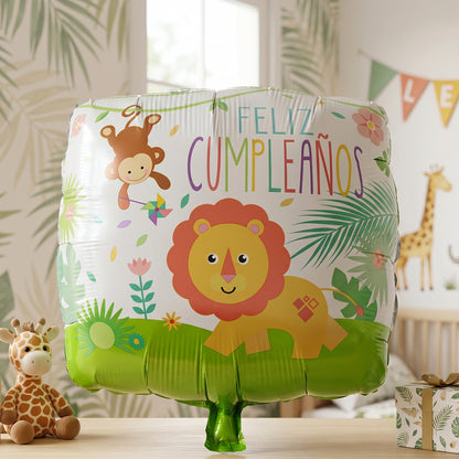 Gold lion foil balloon with jungle theme and birthday design, featuring vibrant jungle foliage and playful lion illustration.