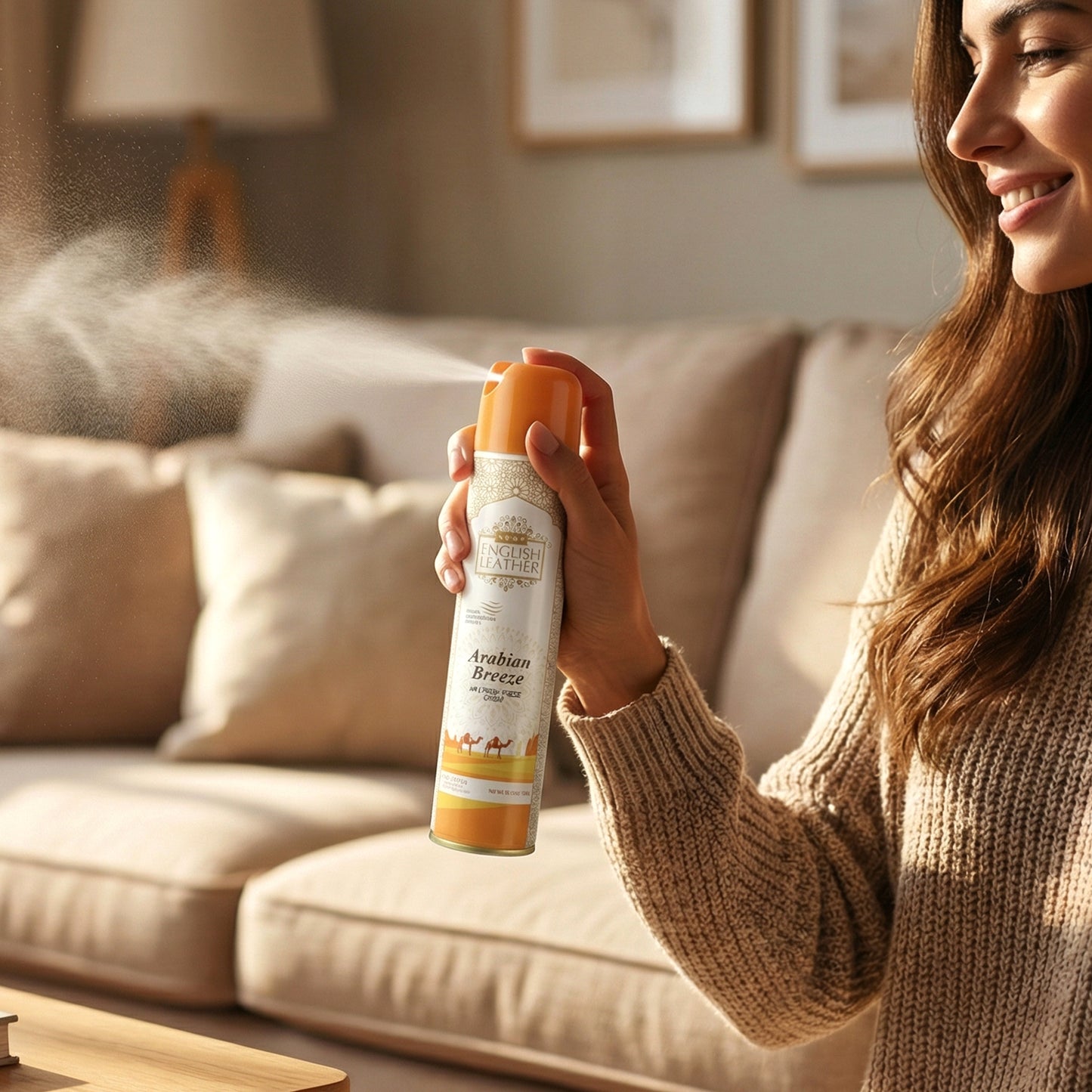 Next Premium English Leather Arabian Breeze air freshener spray by Wukusy, 220ml bottle with sleek design and elegant labeling