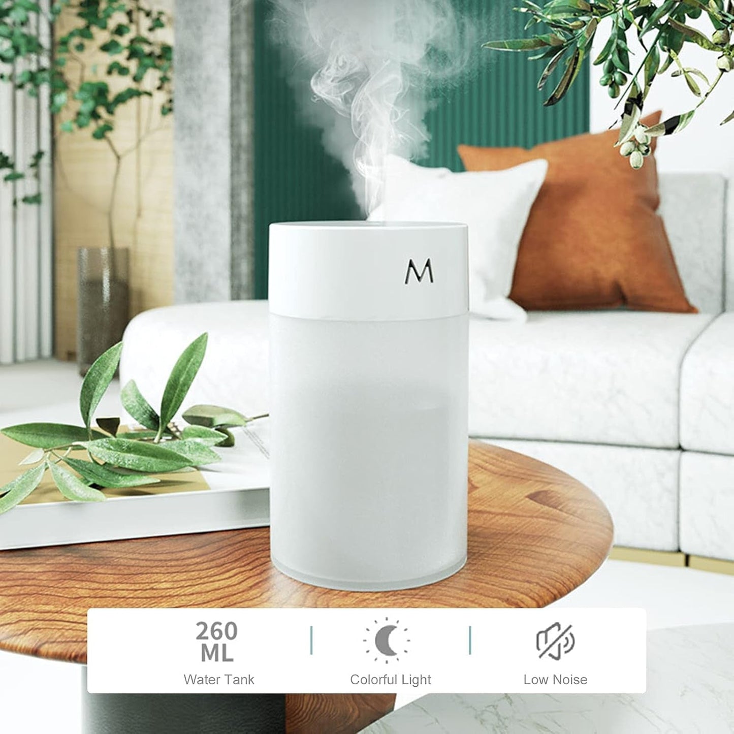 Wukusy mini portable USB humidifier with cool mist and ambient light, desktop air diffuser for personal use.