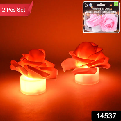 Pair of Wukusy rose-shaped LED flickering tealight candles for home decor, featuring realistic flickering light in a charming floral design
