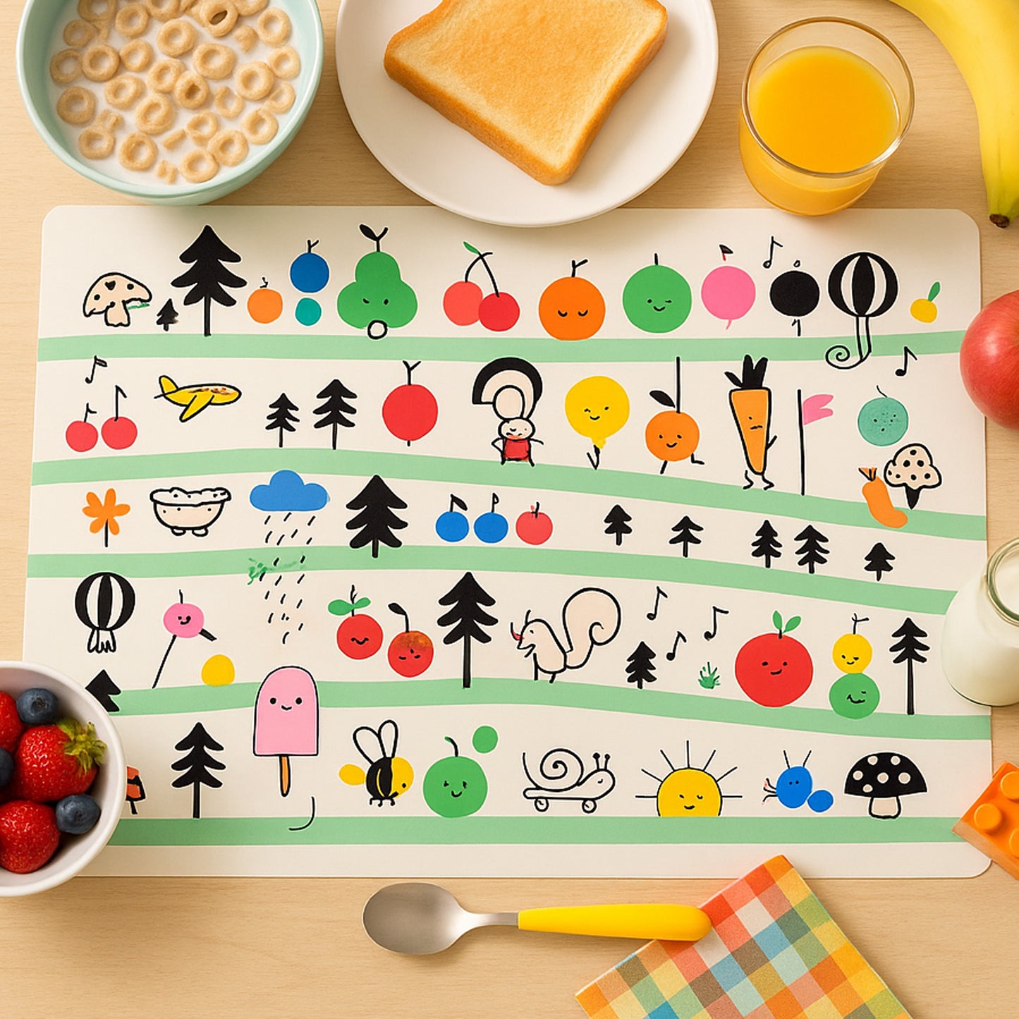 Colorful cartoon printed dining table placemats for kids, set of 4, 40x30 cm, by Wukusy, designed for fun and protection during meals.