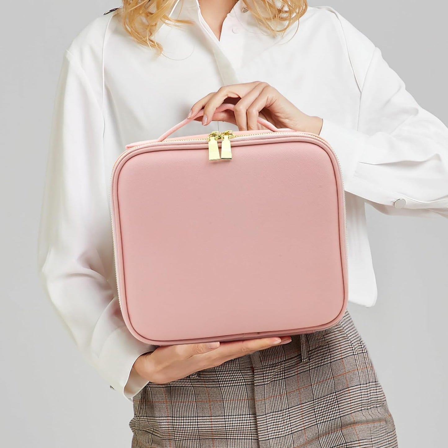 Pink premium LED light makeup organizer box by Wukusy with compartments for cosmetics and accessories.