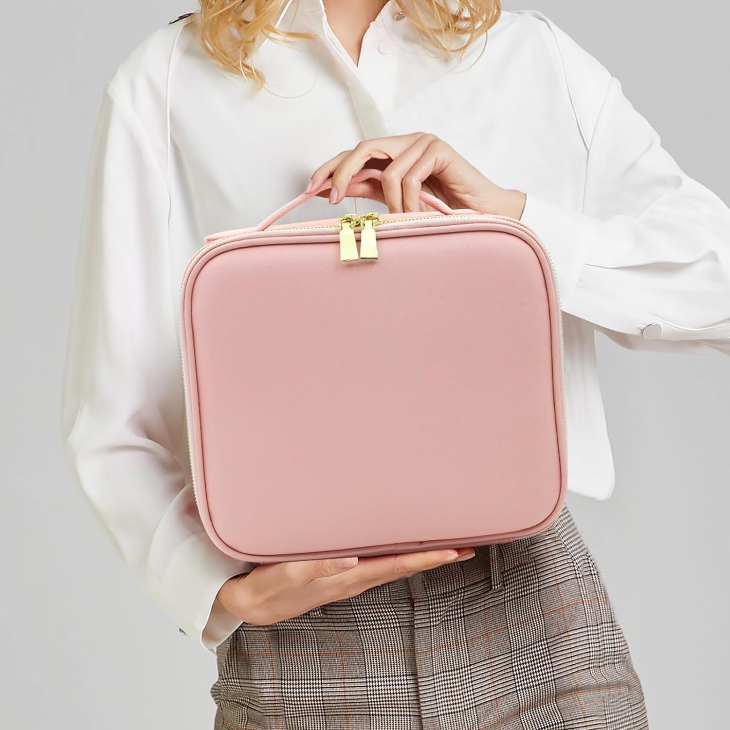 Pink premium LED light makeup organizer box by Wukusy with compartments for cosmetics and accessories.