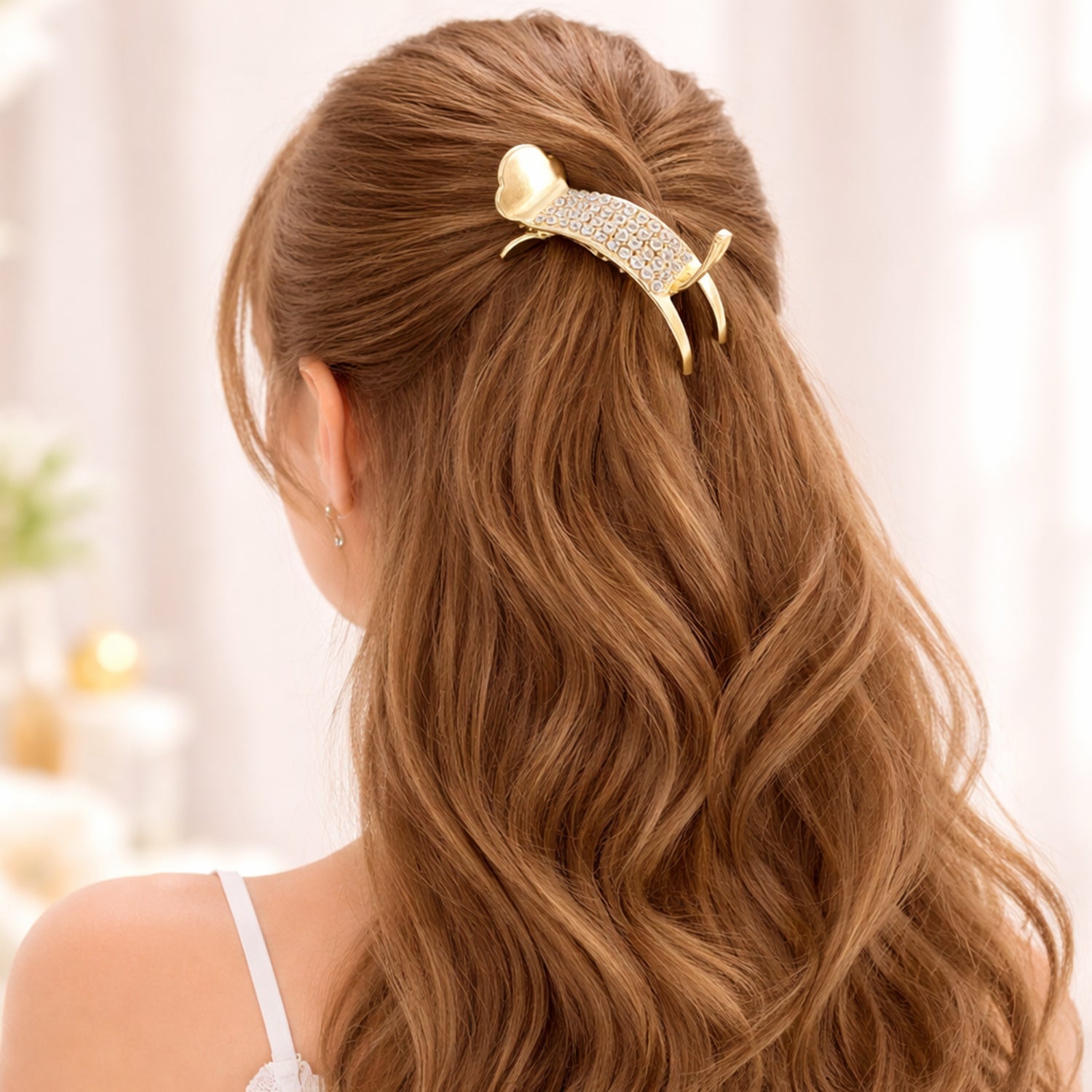 Wukusy premium crystal studded hair claw clip for women, showcasing a shiny, decorative hair accessory with sparkling crystal embellishments.